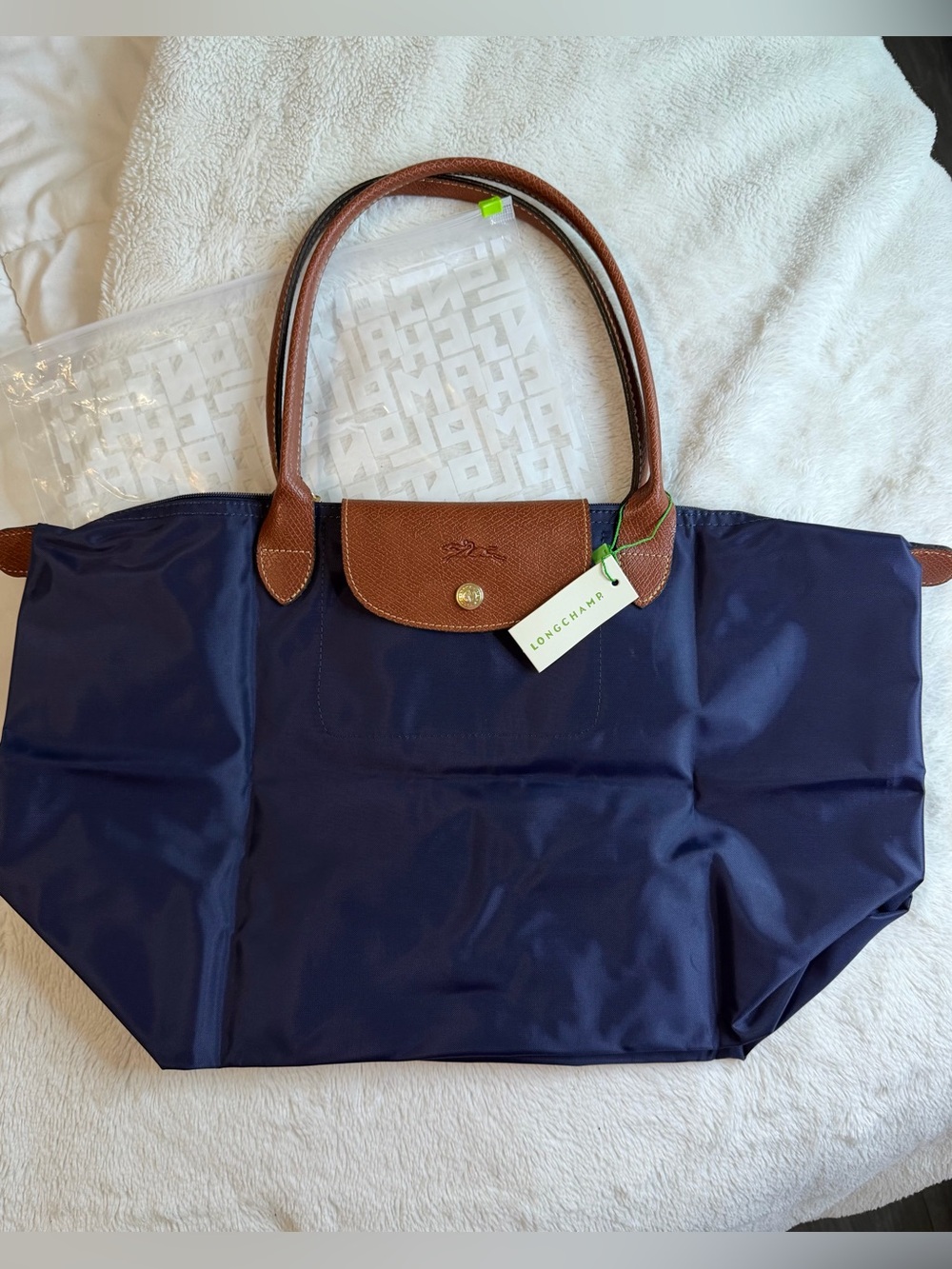 NWT Longchamp Le Pliage Large Tote Bag Navy Blue Brown Leather trim